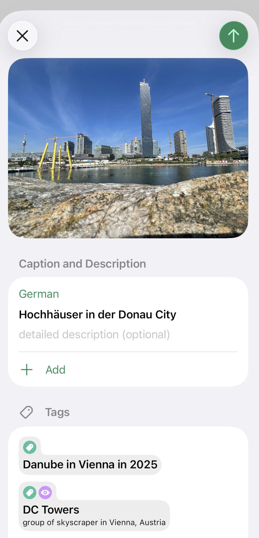 A screenshot showing the upload dialog in the CommonsFinder app